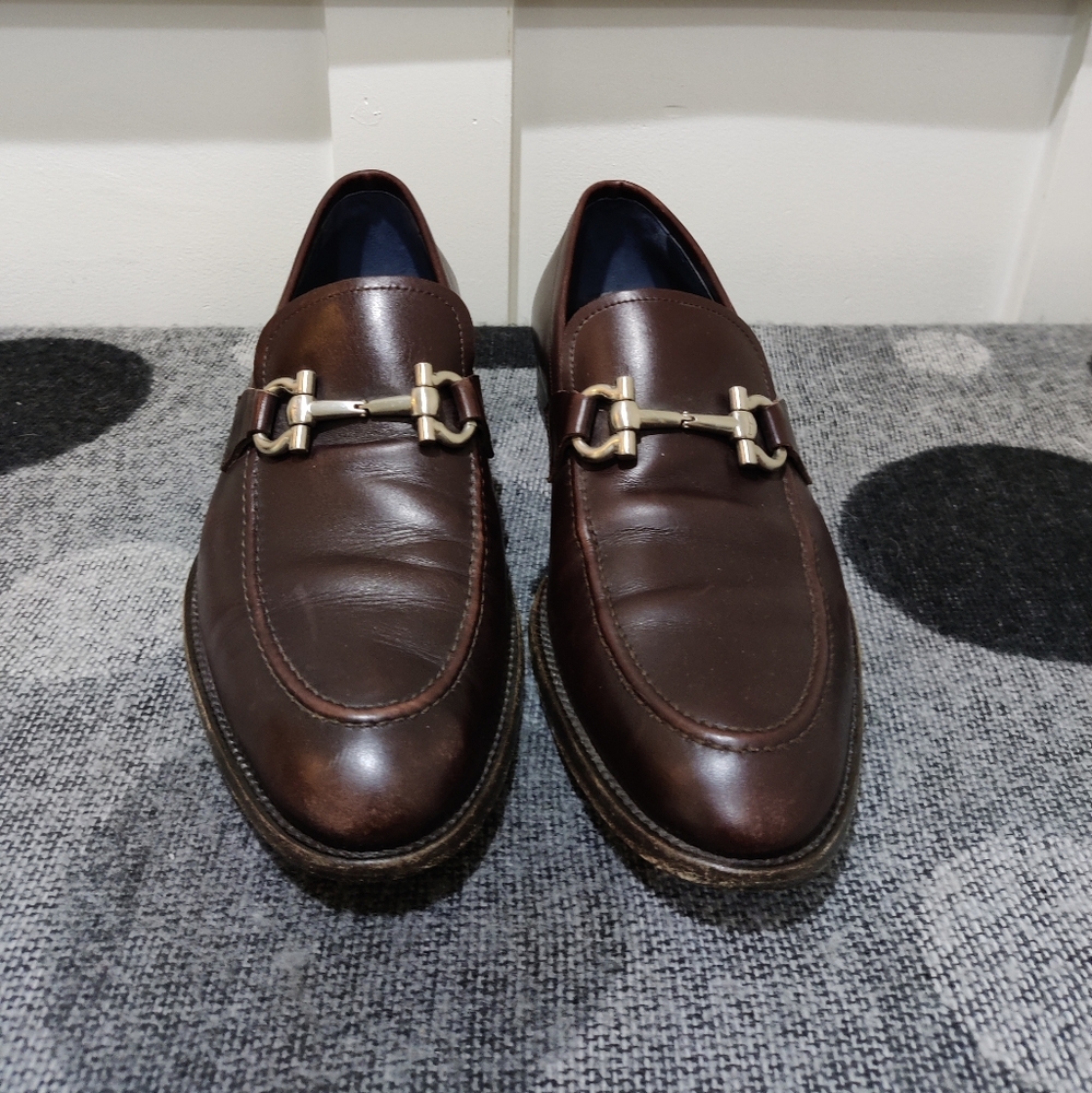 Salvatore Ferragamo Menβs Brown Leather Gancini Bit Loafers Size 8.5